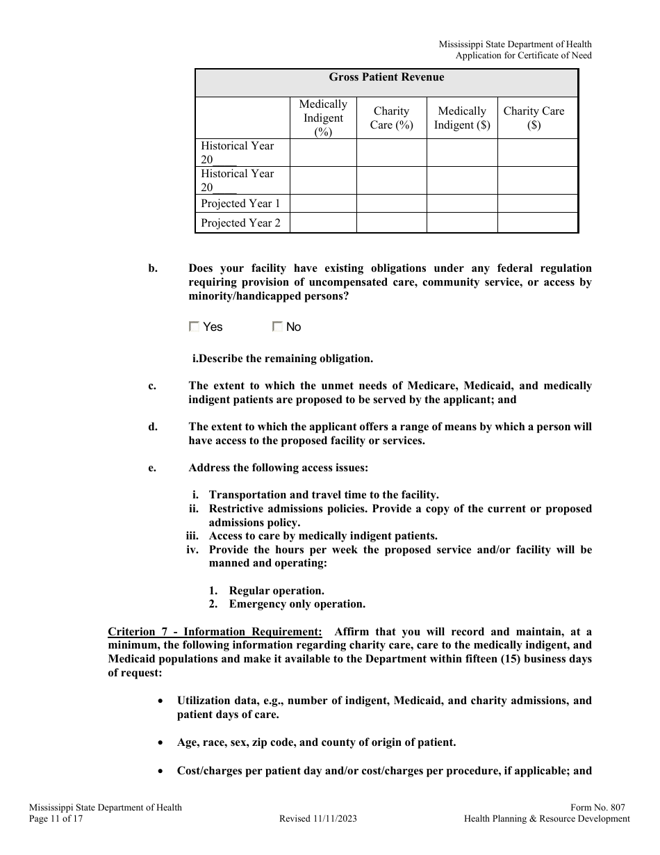 Form 807 Application for a Certificate of Need - Mississippi, Page 11