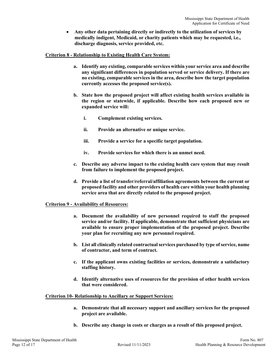 Form 807 Application for a Certificate of Need - Mississippi, Page 12