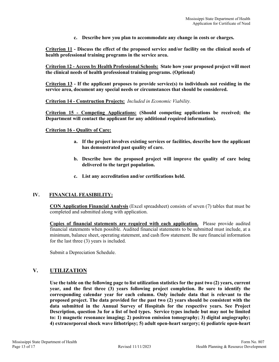 Form 807 Application for a Certificate of Need - Mississippi, Page 13