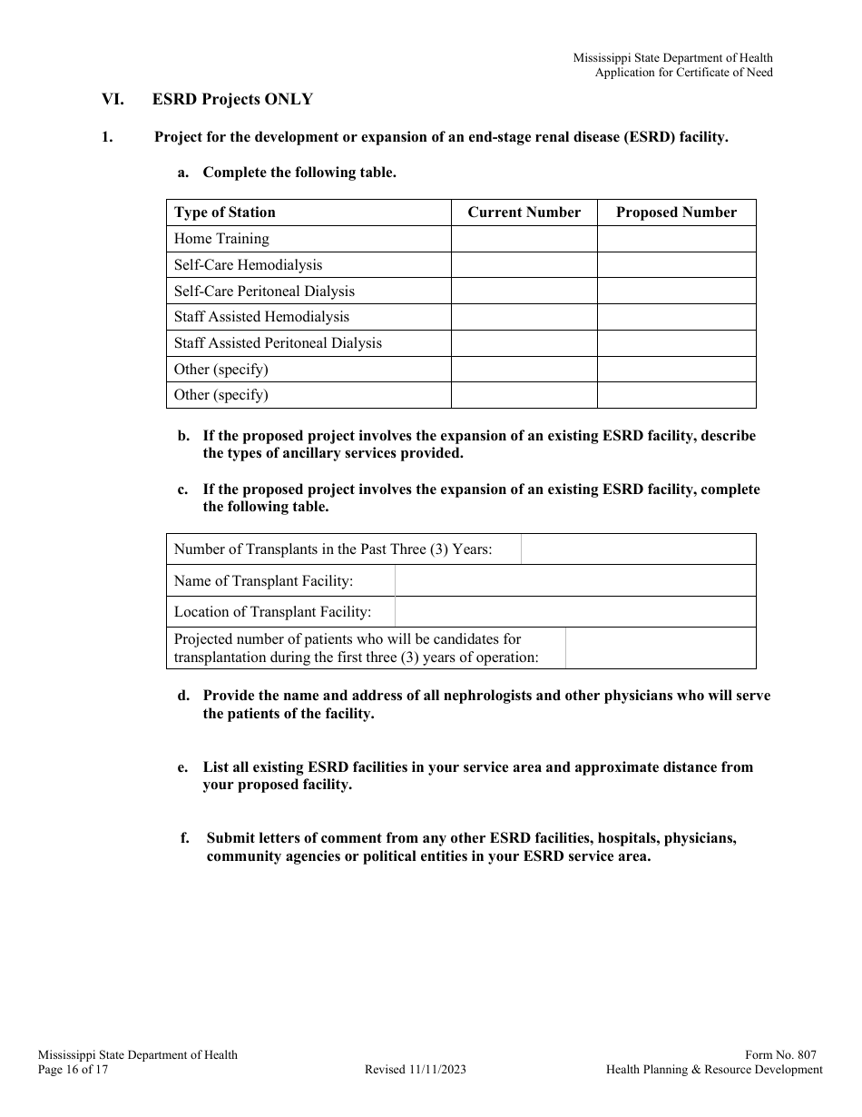 Form 807 Application for a Certificate of Need - Mississippi, Page 16