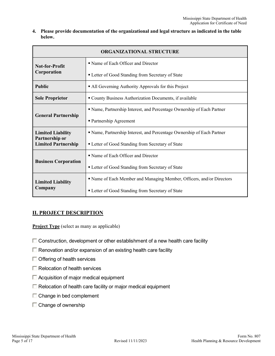 Form 807 Application for a Certificate of Need - Mississippi, Page 5