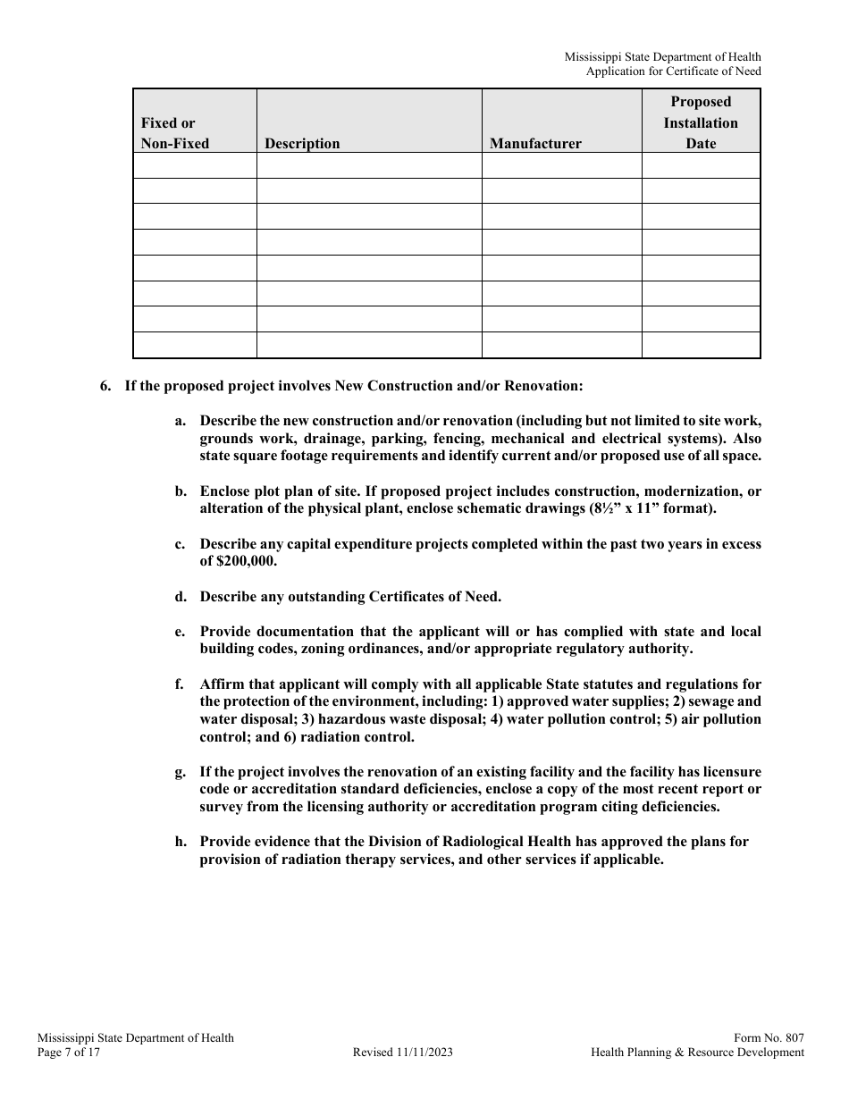 Form 807 Application for a Certificate of Need - Mississippi, Page 7