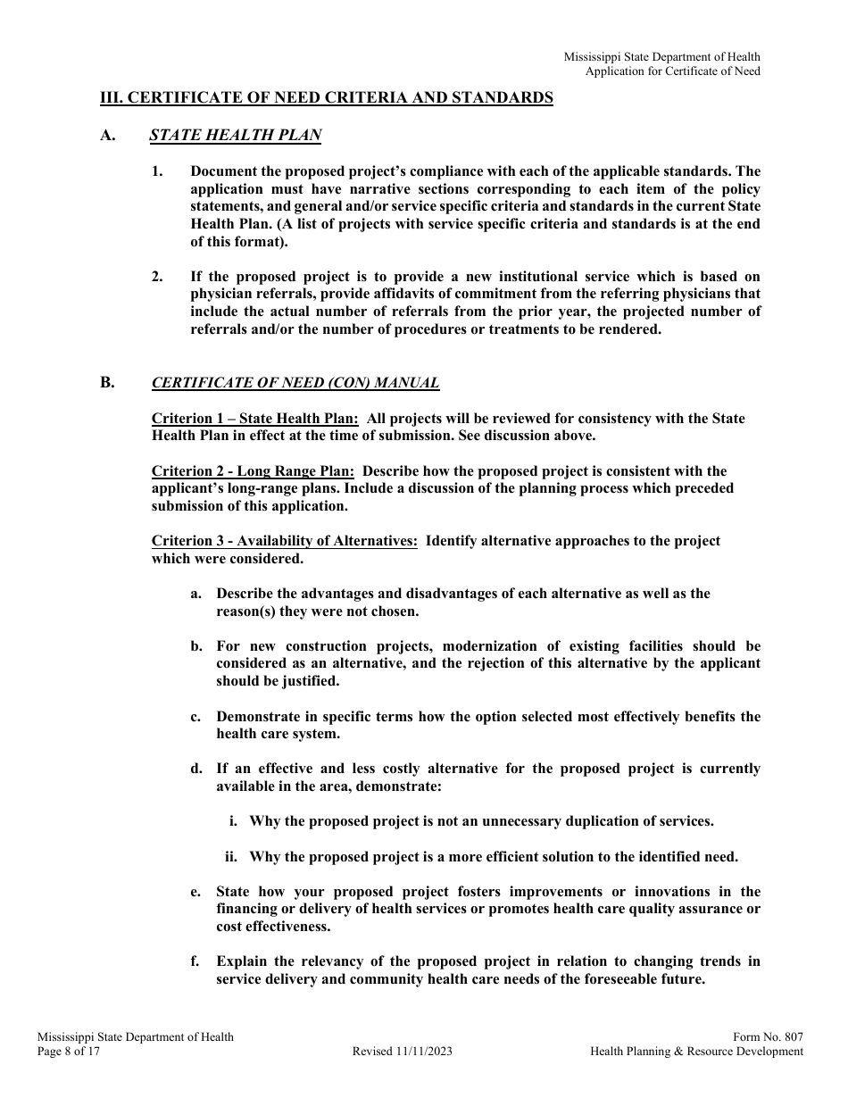 Form 807 Application for a Certificate of Need - Mississippi, Page 8