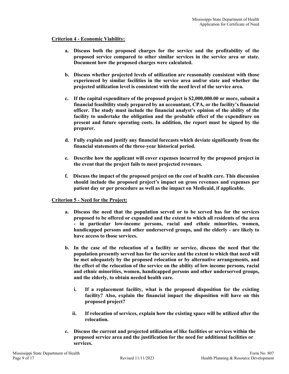 Form 807 Application for a Certificate of Need - Mississippi, Page 9