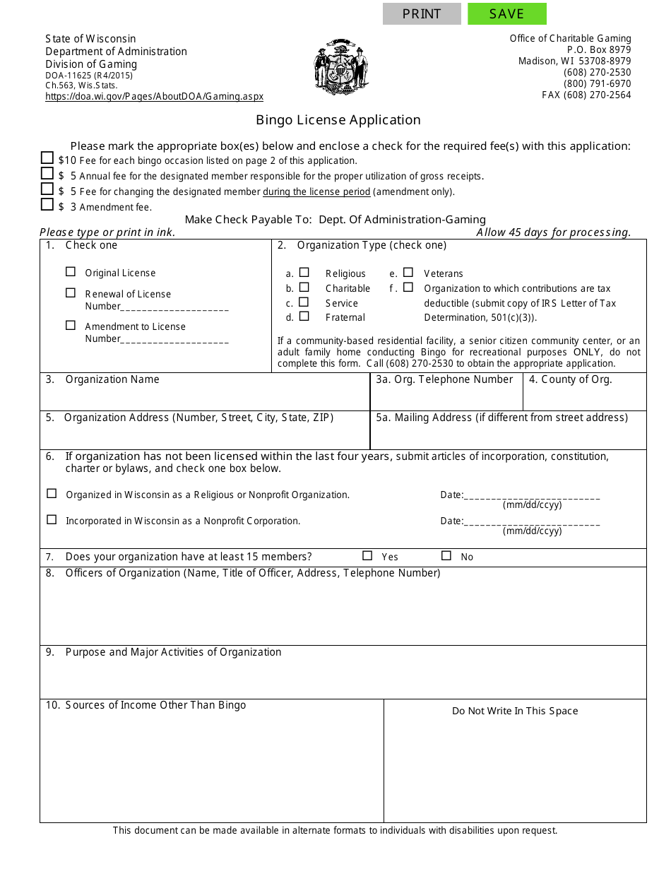Form DOA-11625 Bingo License Application - Wisconsin, Page 1