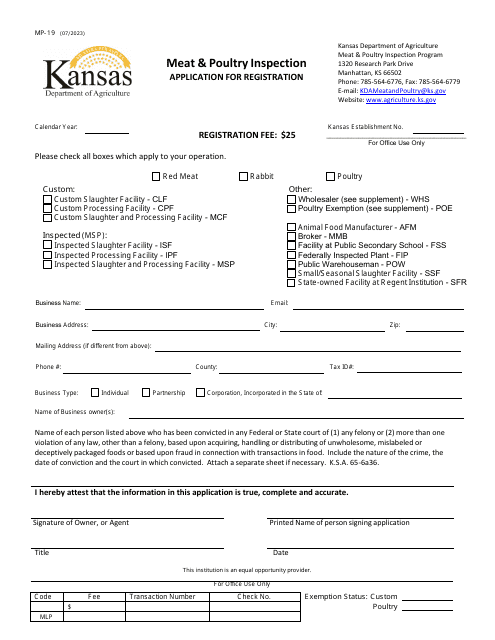 Form MP-19 Meat & Poultry Inspection Application for Registration - Wholesale - Kansas
