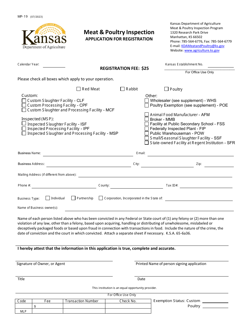 Form MP-19 Meat  Poultry Inspection Application for Registration - Wholesale - Kansas, Page 1