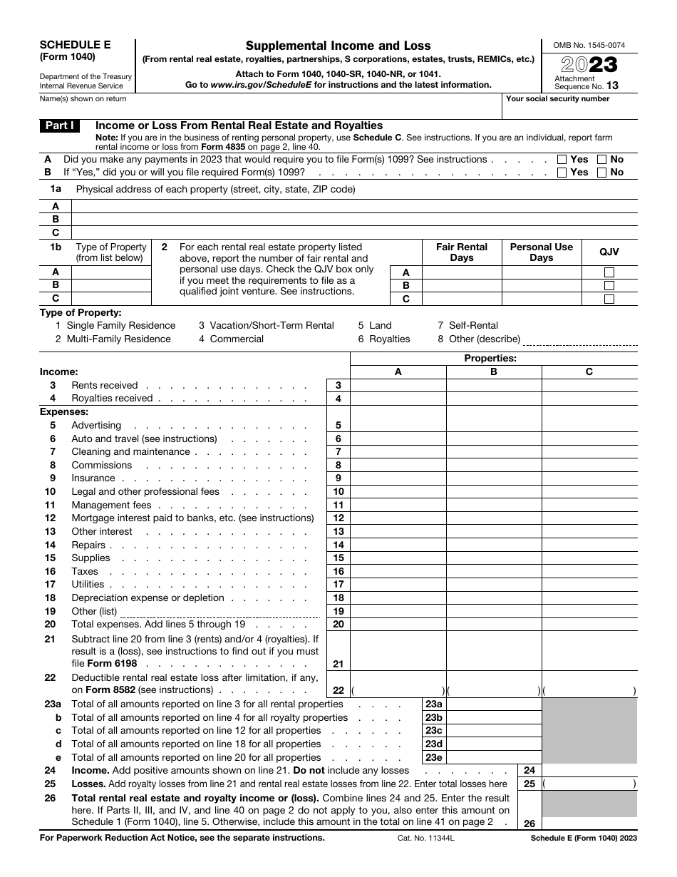IRS Form 1040 Schedule E Supplemental Income and Loss (From Rental Real Estate, Royalties, Partnerships, S Corporations, Estates, Trusts, Remics, Etc.), Page 1