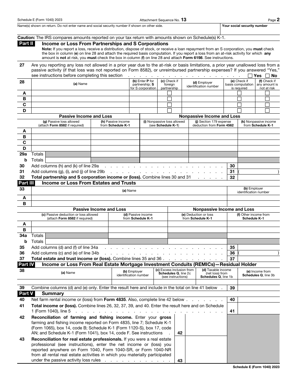 IRS Form 1040 Schedule E Download Fillable PDF or Fill Online ...