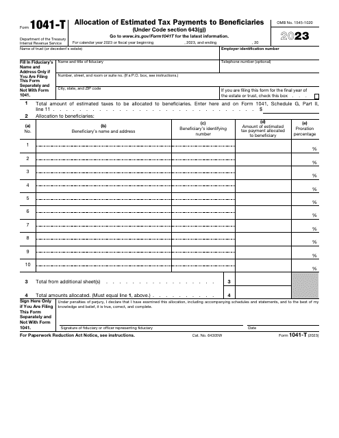 IRS Form 1041-T Allocation of Estimated Tax Payments to Beneficiaries, 2023