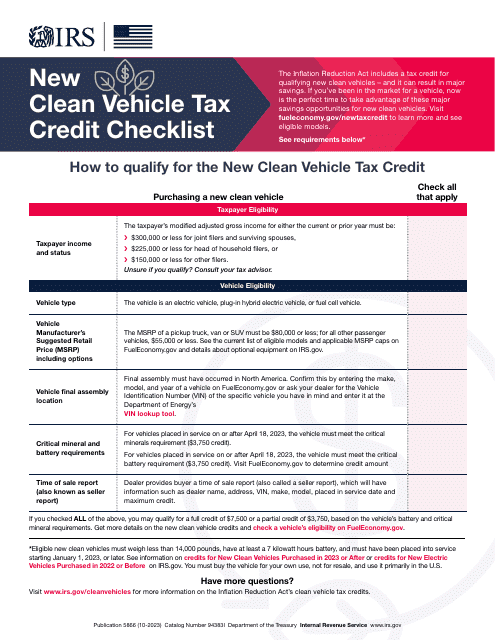 New Clean Vehicle Tax Credit Checklist Download Pdf