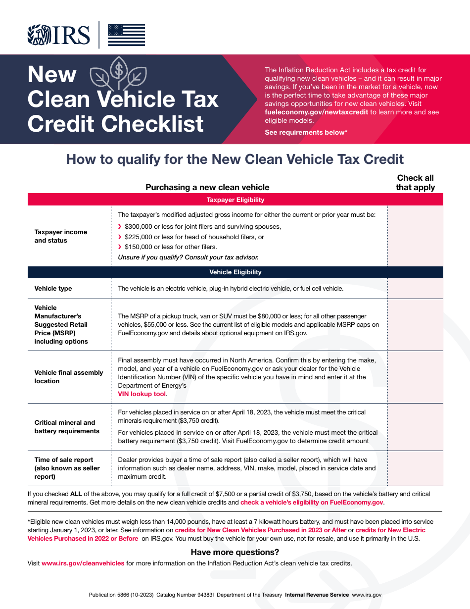 New Clean Vehicle Tax Credit Checklist, Page 1