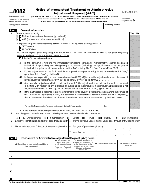 IRS Form 8082 Notice of Inconsistent Treatment or Administrative Adjustment Request (AAR)