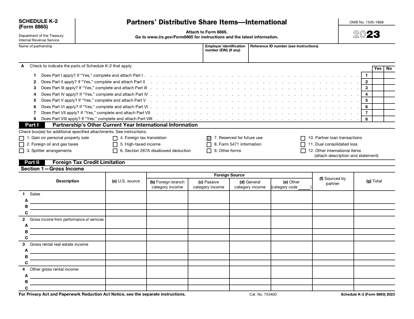 IRS Form 8865 Schedule K-2 Partners' Distributive Share Items - International, 2023