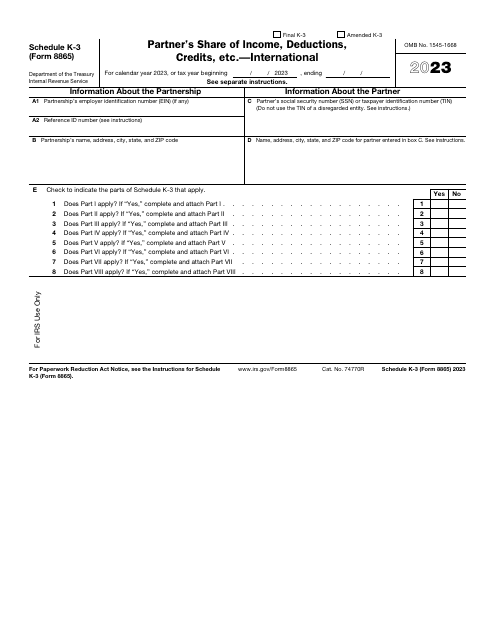 IRS Form 8865 Schedule K-3 Partner's Share of Income, Deductions, Credits, Etc. - International, 2023