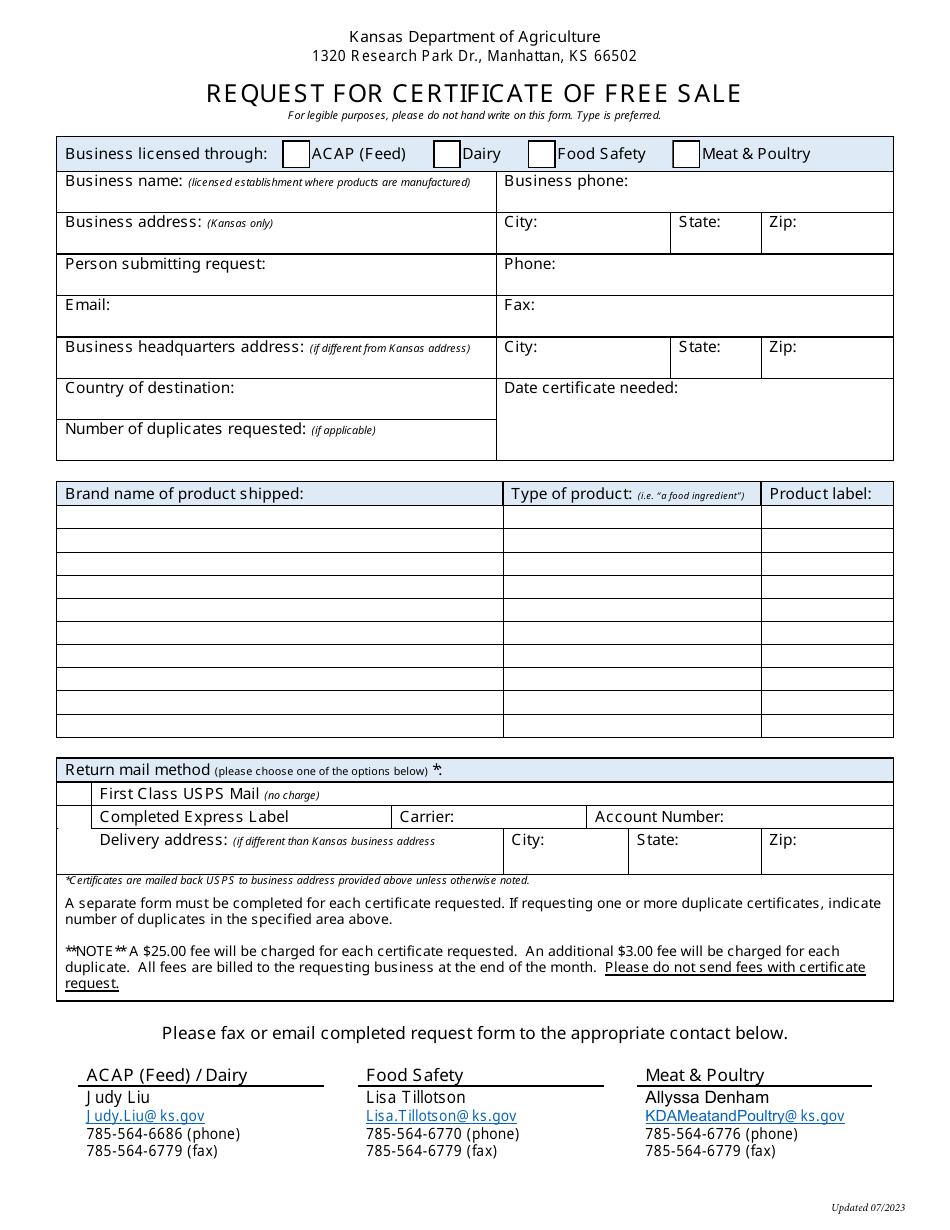 Request for Certificate of Free Sale - Kansas, Page 1