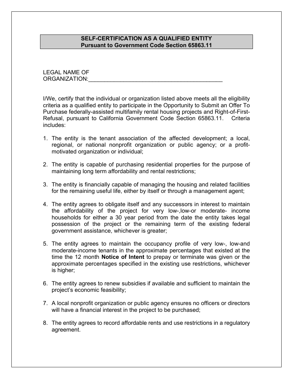Self-certification as a Qualified Entity Pursuant to Government Code Section 65863.11 - California, Page 2