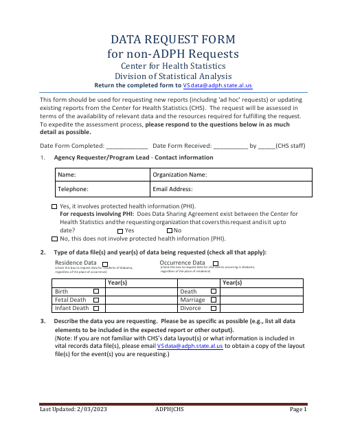 Data Request Form for Non-adph Requests - Alabama Download Pdf