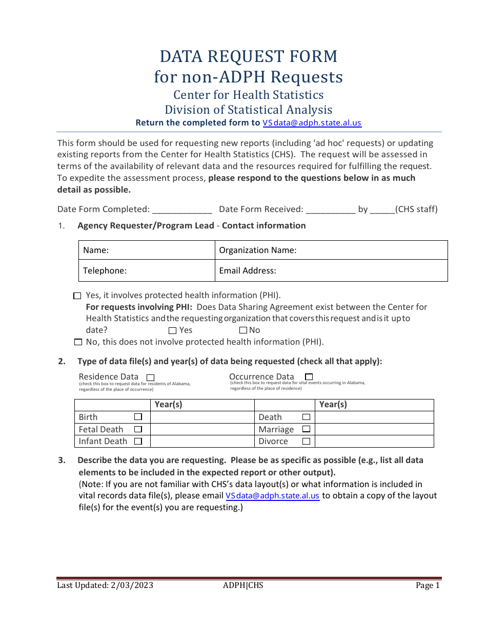 Data Request Form for Non-adph Requests - Alabama, Page 1