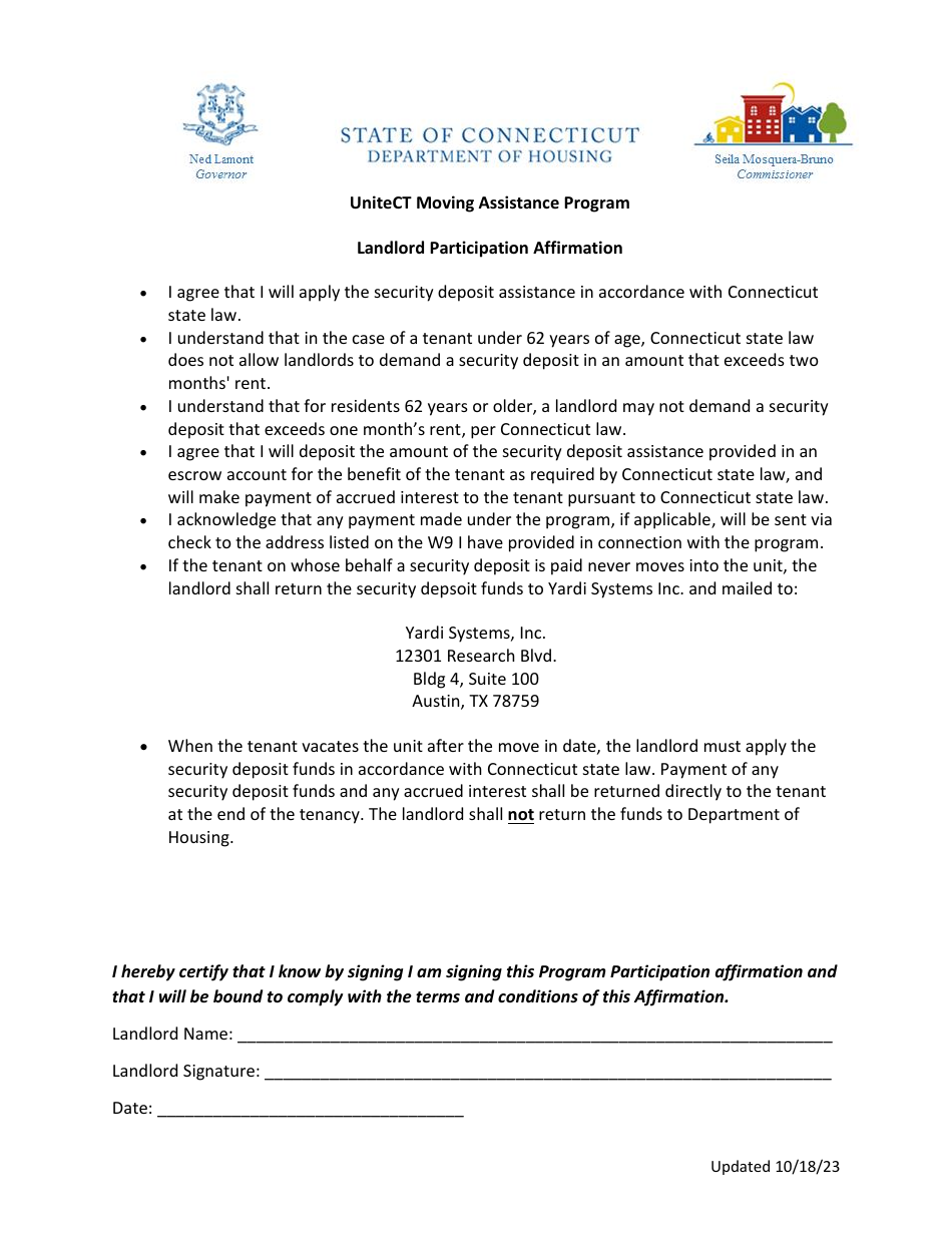 Landlord Participation Affirmation - Unitect Moving Assistance Program - Connecticut, Page 1