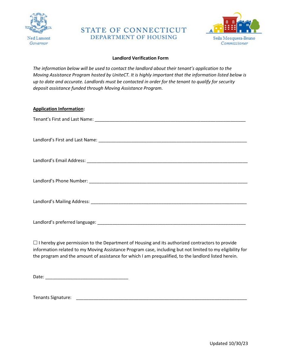 Landlord Verification Form - Connecticut, Page 1