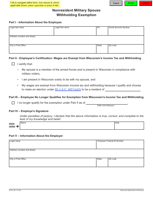 Form W-221 Nonresident Military Spouse Withholding Exemption - Wisconsin