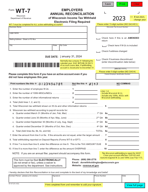 Form WT-7 (W-107) Employers Annual Reconciliation of Wisconsin Income Tax Withheld - Wisconsin, 2023