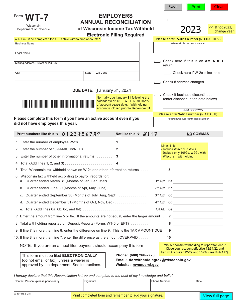 Form WT-7 (W-107) Employers Annual Reconciliation of Wisconsin Income Tax Withheld - Wisconsin, Page 1