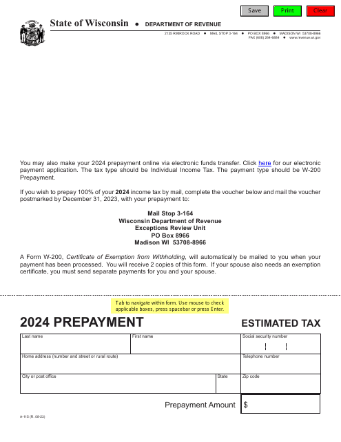 Form A-115 Prepayment Voucher - Wisconsin, 2024