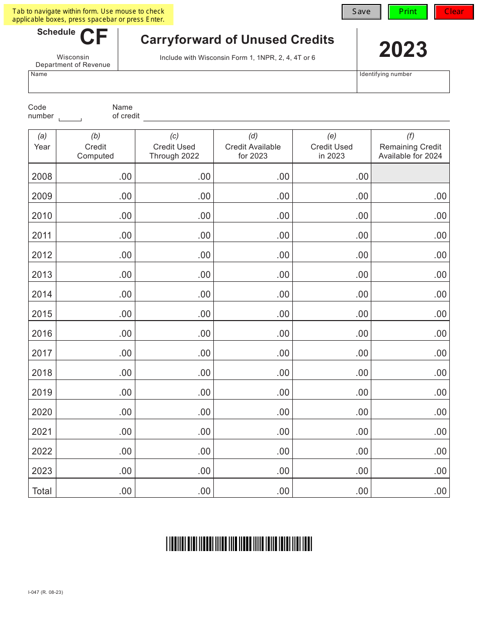 Form I-047 Schedule CF Carryforward of Unused Credits - Wisconsin, Page 1