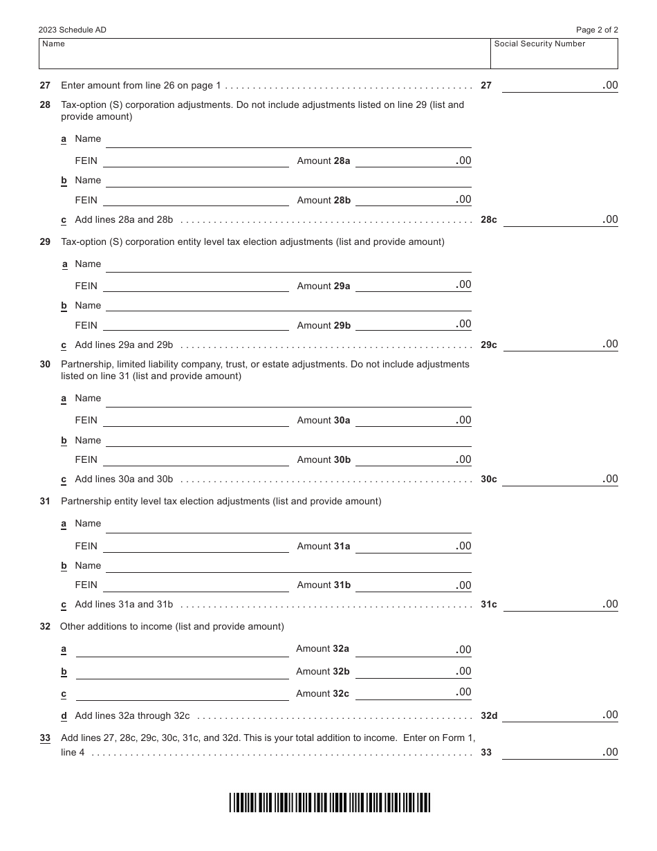 Form 1 (I-0101) Schedule AD Additions to Income - Wisconsin, Page 2