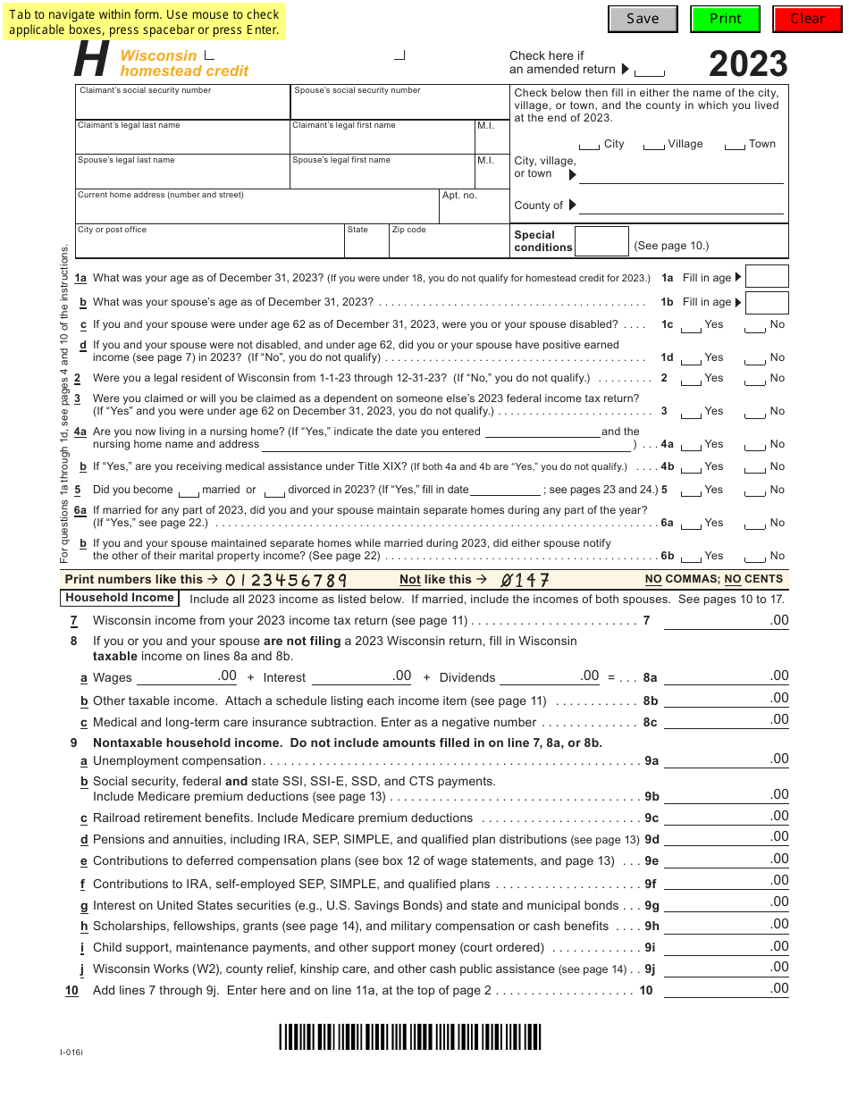 Form I-016I Supplement H Wisconsin Homestead Credit - Wisconsin, Page 1