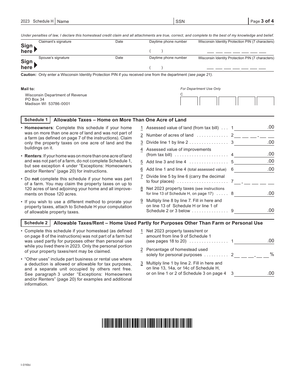 Form I-016I Supplement H Wisconsin Homestead Credit - Wisconsin, Page 3
