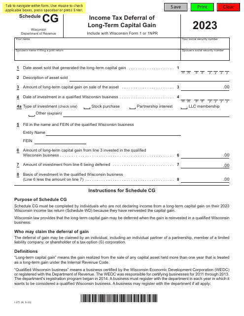Form I-071 Schedule CG Income Tax Deferral of Long-Term Capital Gain - Wisconsin, 2023