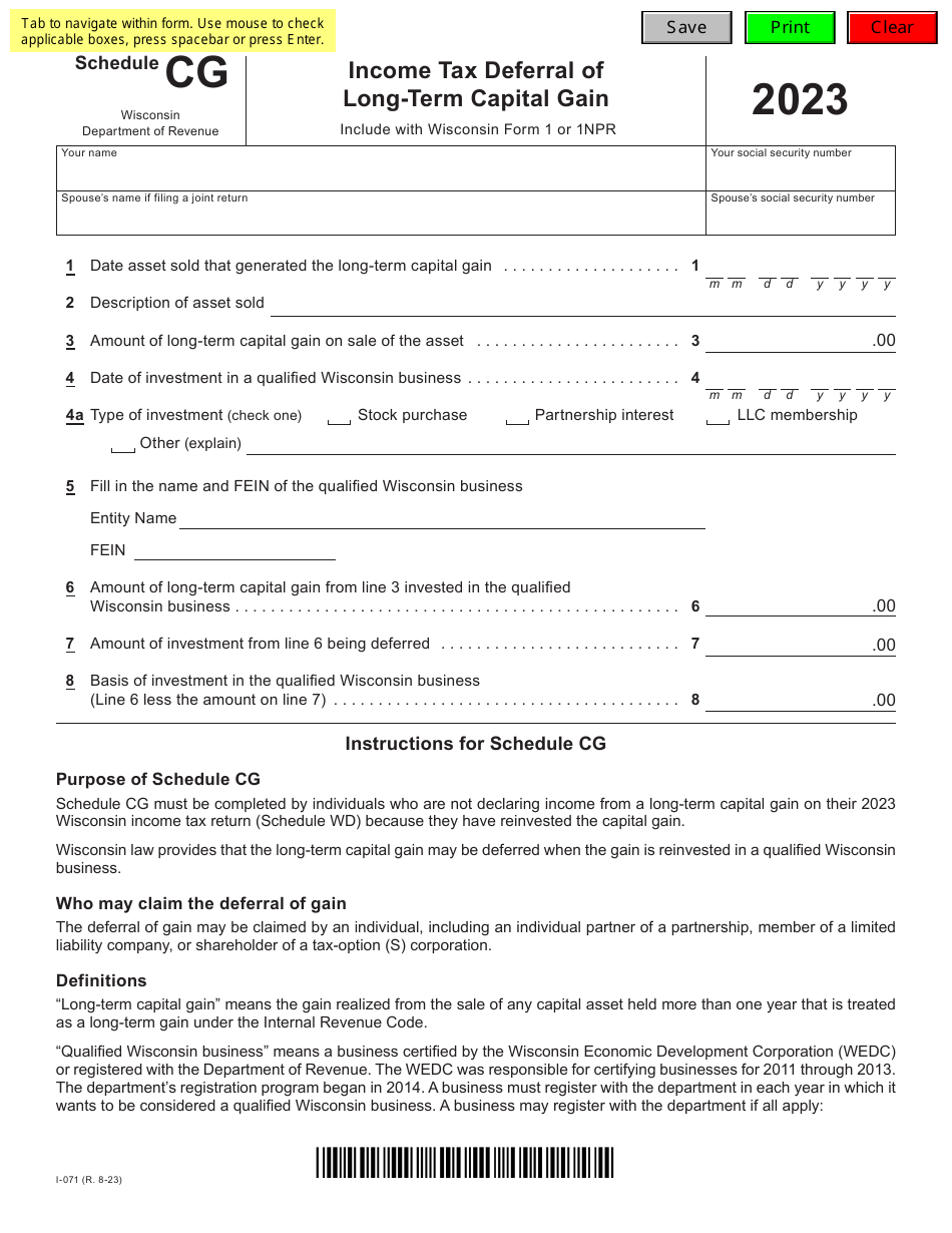 Form I-071 Schedule CG Income Tax Deferral of Long-Term Capital Gain - Wisconsin, Page 1
