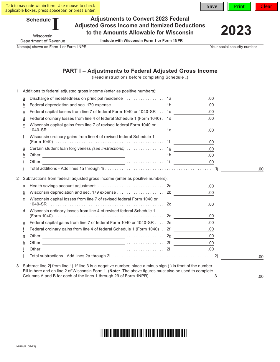 Form I-028 Schedule I Adjustments to Convert Federal Adjusted Gross Income and Itemized Deductions to the Amounts Allowable for Wisconsin - Wisconsin, Page 1