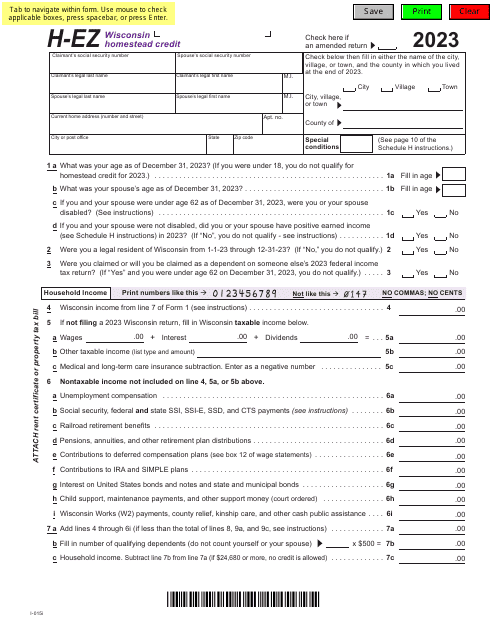 Form I-015I Schedule H-EZ Homestead Credit Claim (Easy Form) - Wisconsin, 2023