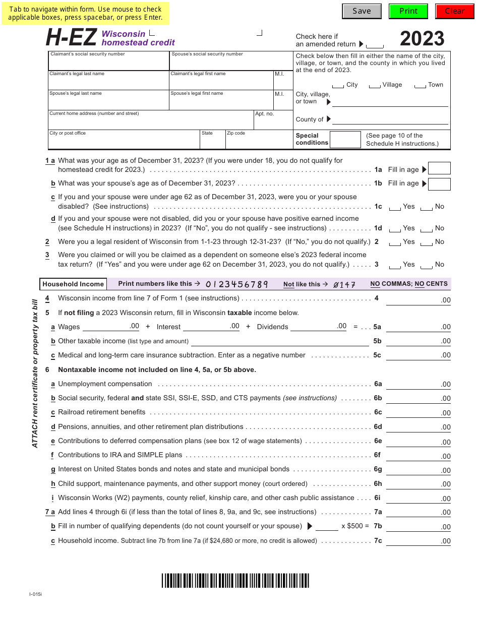 Form I-015I Schedule H-EZ Homestead Credit Claim (Easy Form) - Wisconsin, Page 1