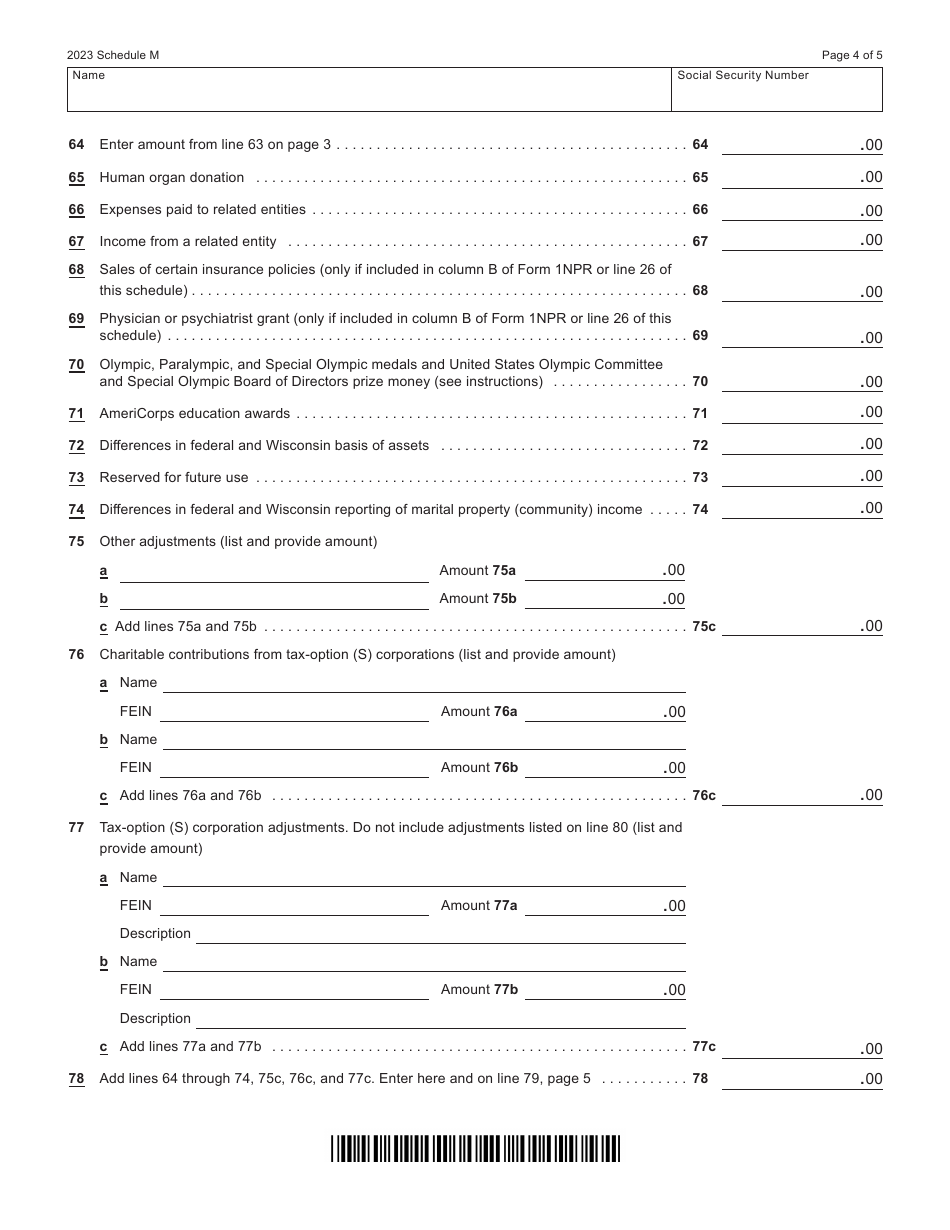 Form I-053I Schedule M Additions to and Subtractions From Income - Wisconsin, Page 4