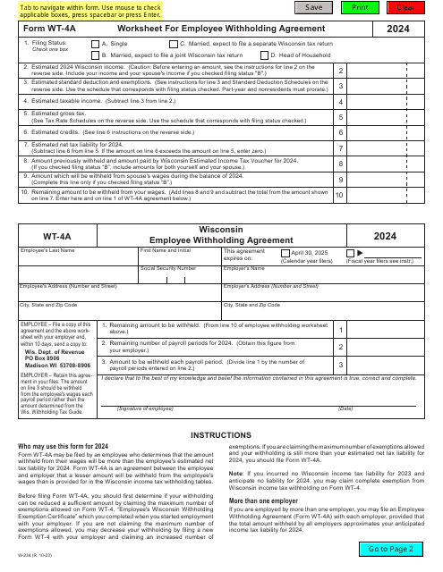 Form WT-4A (W-234) Worksheet for Employee Withholding Agreement - Wisconsin, 2024