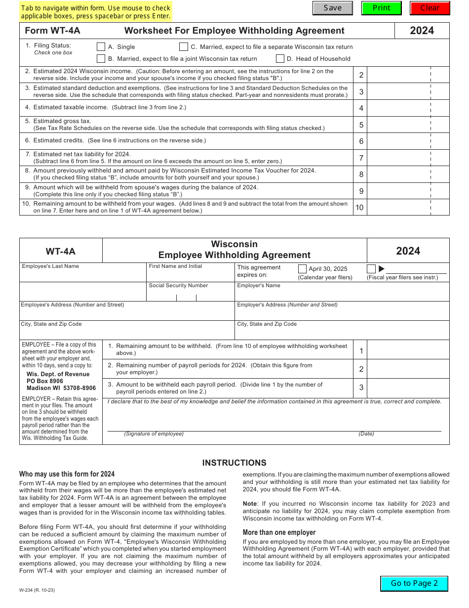 Form WT-4A (W-234) Worksheet for Employee Withholding Agreement - Wisconsin, Page 1
