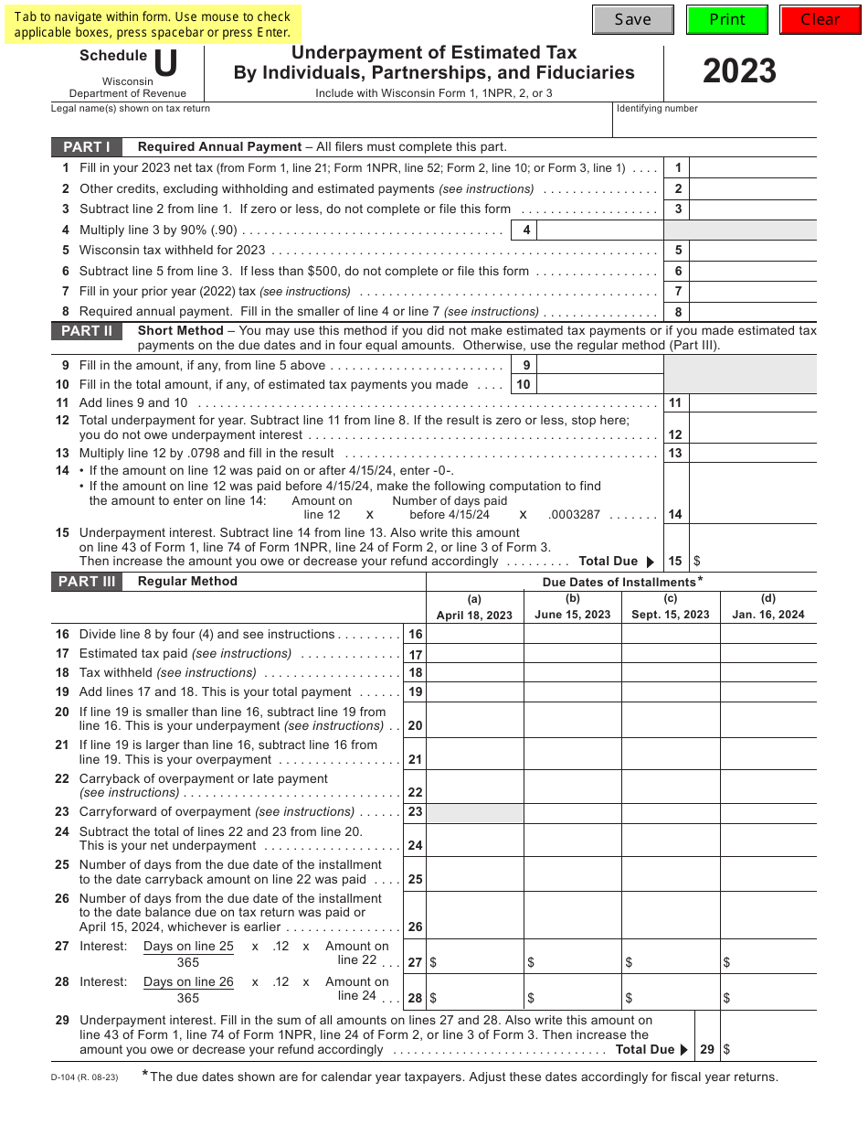 Form D-104 Schedule U Underpayment of Estimated Tax by Individuals, Partnerships, and Fiduciaries - Wisconsin, Page 1
