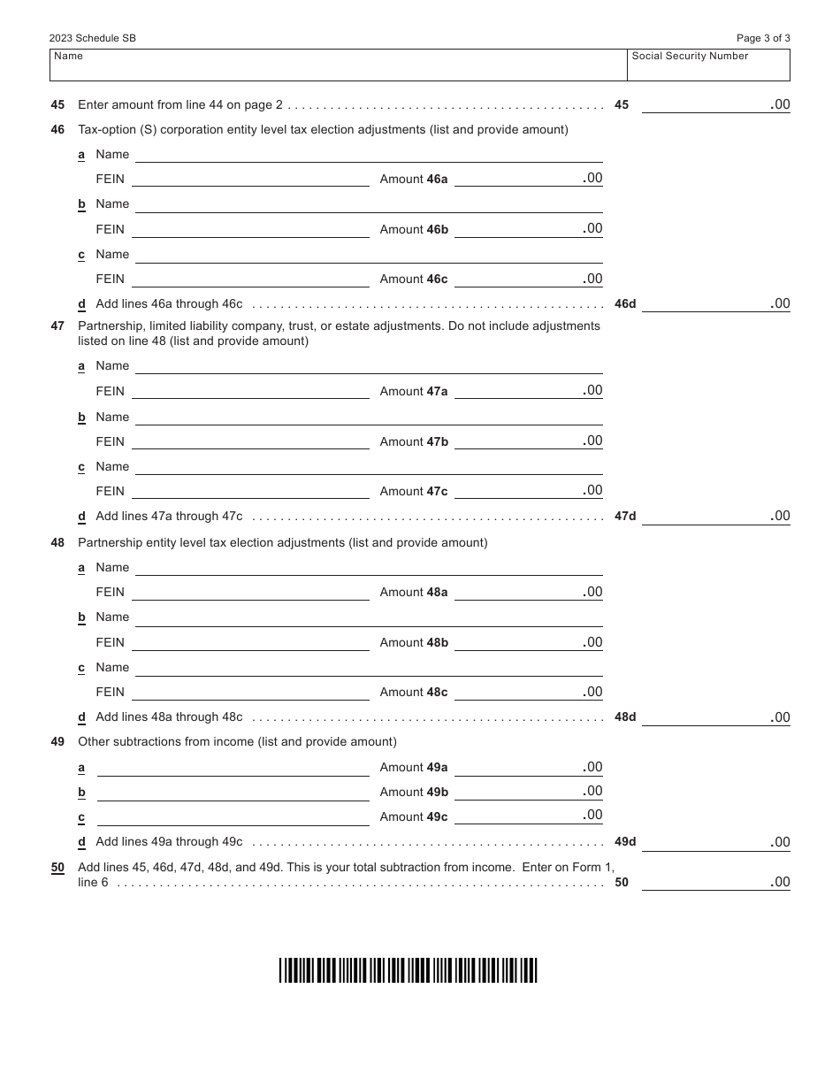 Form 1 (I0103) Schedule SB Download Fillable PDF or Fill Online Subtractions From 2023