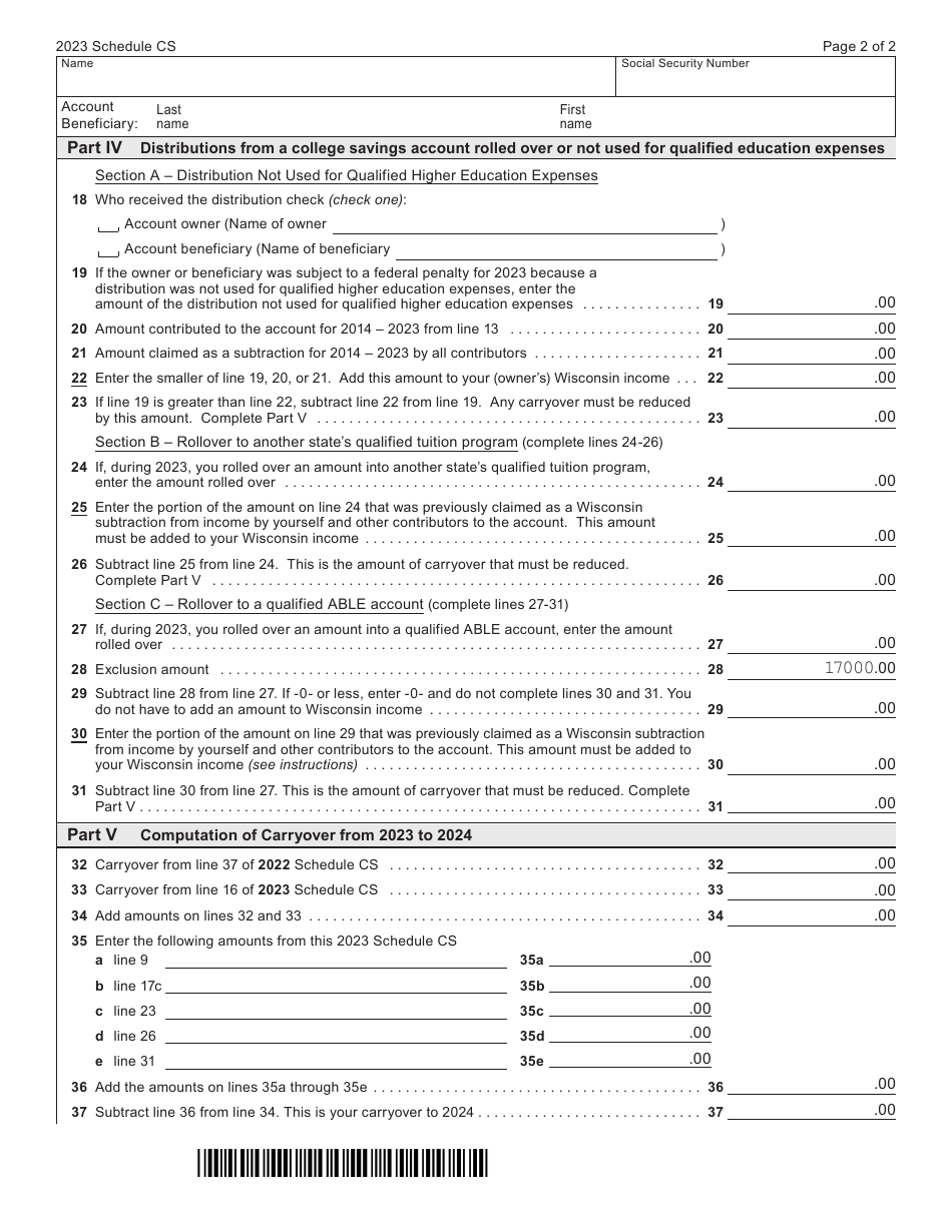 Form I-092 Schedule CS College Savings Accounts (Edvest and Tomorrows Scholar) - Wisconsin, Page 2