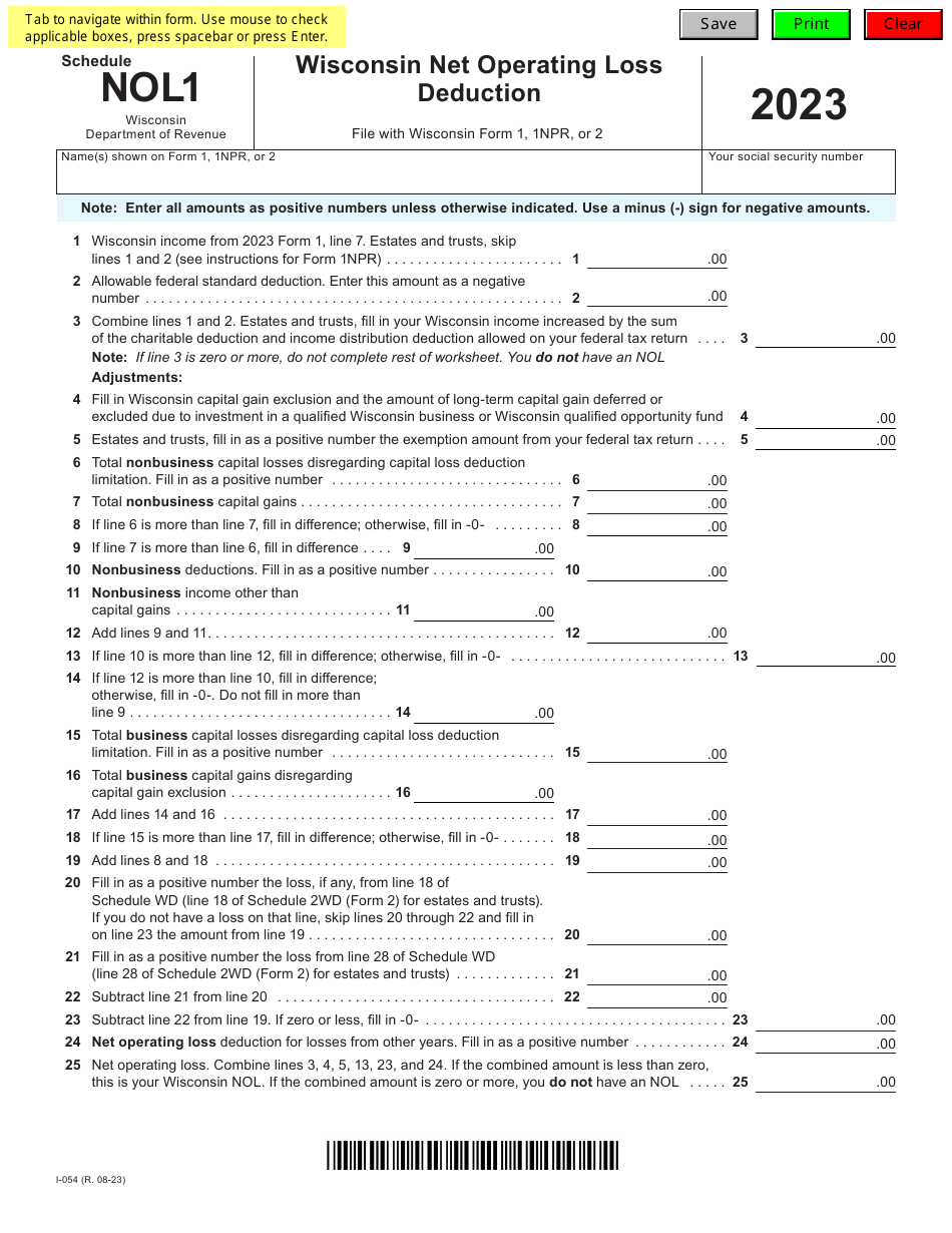 Form I054 Schedule NOL1 Download Fillable PDF or Fill Online Wisconsin