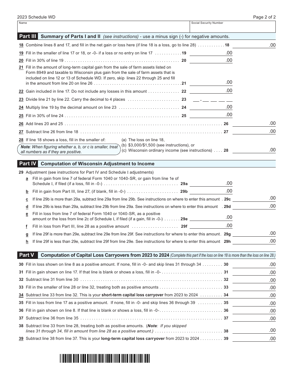 Form I-070I Schedule WD Capital Gains and Losses - Wisconsin, Page 2