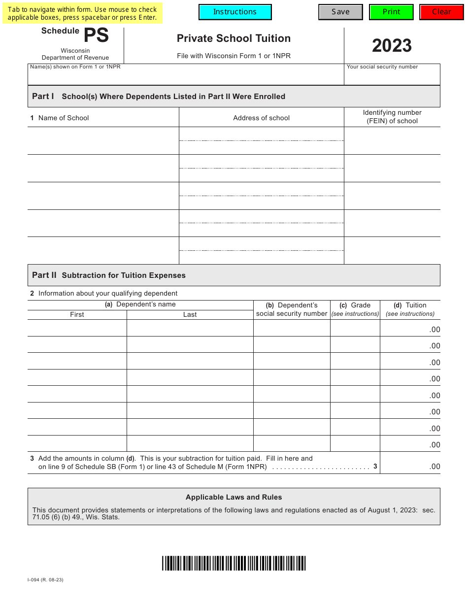 Form I-094 Schedule PS Private School Tuition - Wisconsin, Page 1