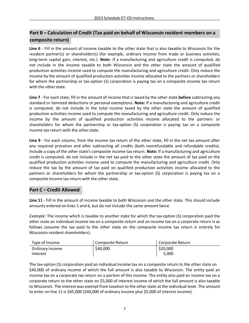 Instructions for Form IC-020 Schedule ET-OS Credit for Net Tax Paid to Another State - Wisconsin, Page 3