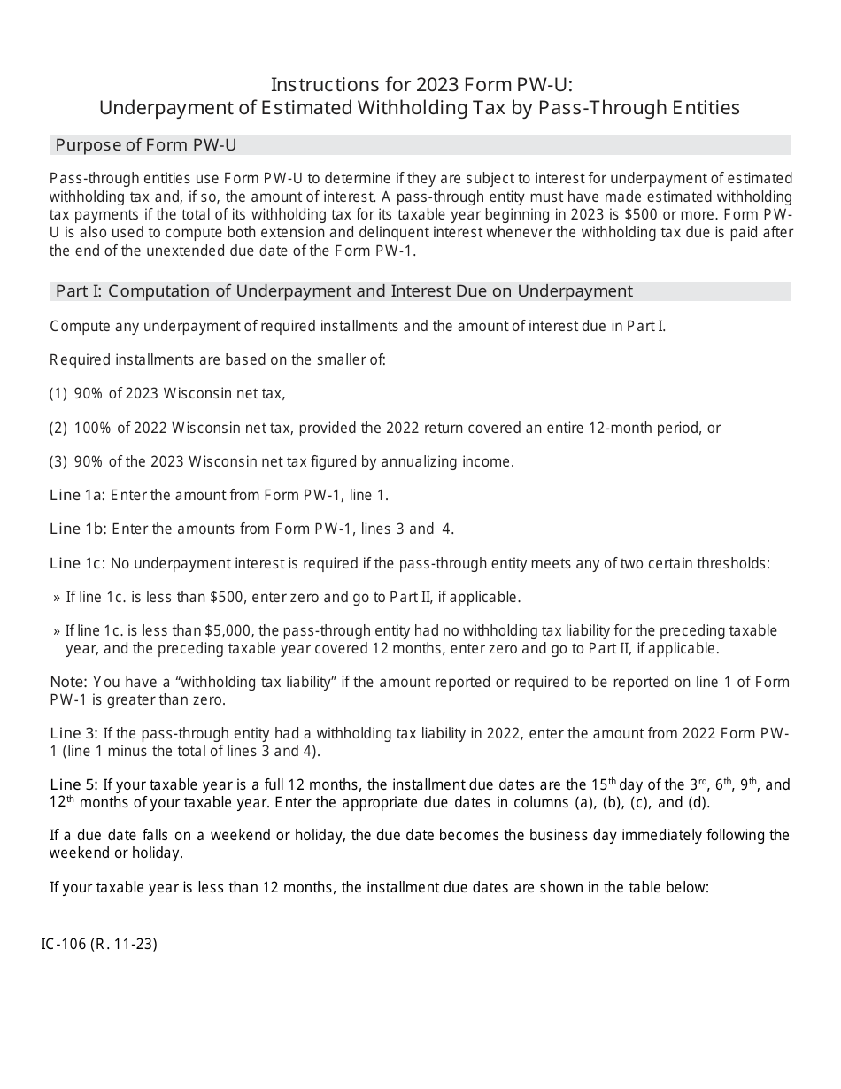 Instructions for Form PW-U, IC-006 Underpayment of Estimated Withholding Tax by Pass-Through Entities - Wisconsin, Page 1