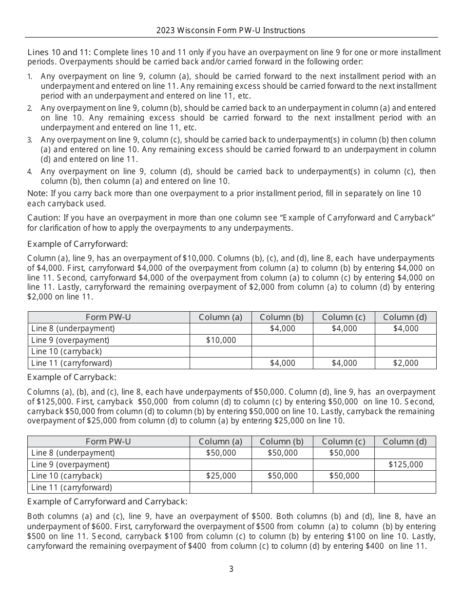Instructions for Form PW-U, IC-006 Underpayment of Estimated Withholding Tax by Pass-Through Entities - Wisconsin, Page 3